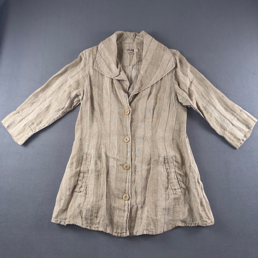 FLAX Womens Tan Beige Striped 100% Linen Button Up Shawl Collar Jacket Size P